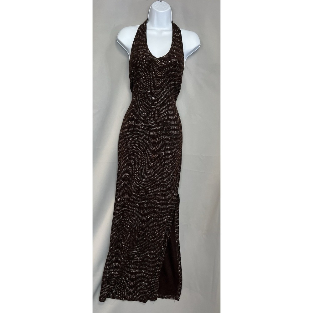 VTG Morgan Co By Linda B Maxi Dress 90s Y2K Brown Gold Halter Sz 3/4 Made USA